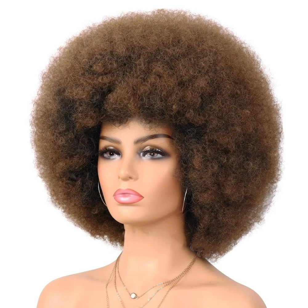 วิกผมสังเคราะห์สั้นAfro Kinky CurlyวิกผมกับBangsสําหรับผู้หญิงสีดําสีน้ําตาลสีแดงผสมสีGlueless Roseสุทธิทุกวันคอสเพลย์ใช้