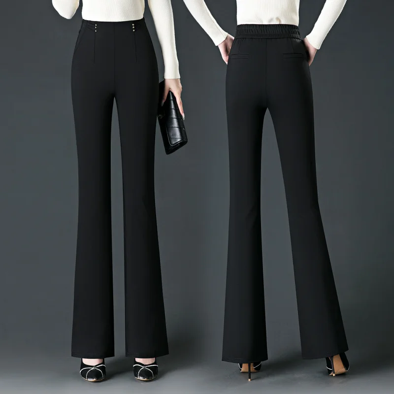 

Новые осенние черные расклешенные брюки для женщин, эластичная утягивающая эластичная талия, большие размеры, универсальные брюки-клеш для среднего возраста