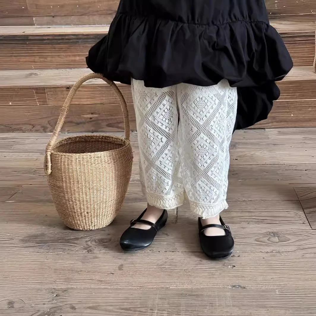 

Wide Leg Pants Princess Girls Summer Hollowing Out Embroidery Casual Pants Children Clothing Loose Tassels 2024 Simple