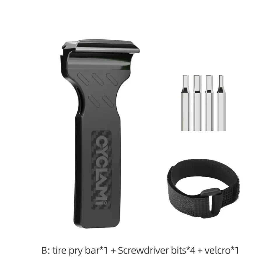 CYCLAMI Tire Lever With Allen Key Tools, black set with pry bar, 4 screwdriver bits and velcro strap