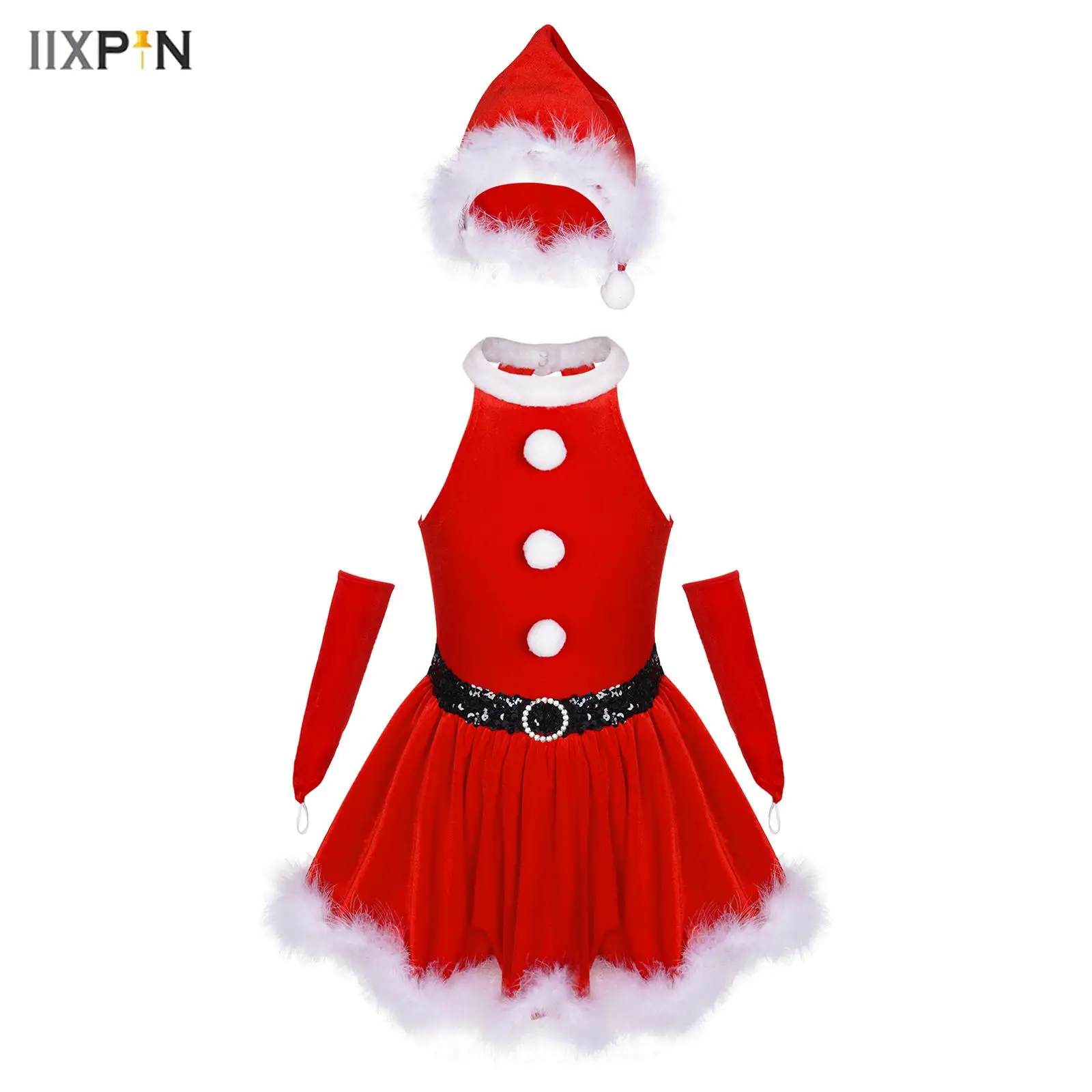 

Girls Christmas Santa Claus Dress Up Costumes Velvet Feather Trim A-line Dress+Santa Hat+Gloves Suit for Theme Party Cosplay