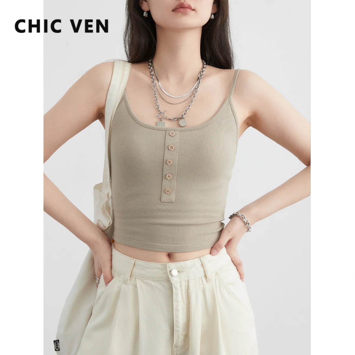 CHIC VEN Women Tank Solid Slim minimalista con scollo a U bretella femminile gilet corto ad alta elasticità con imbottitura sul petto abbigliamento