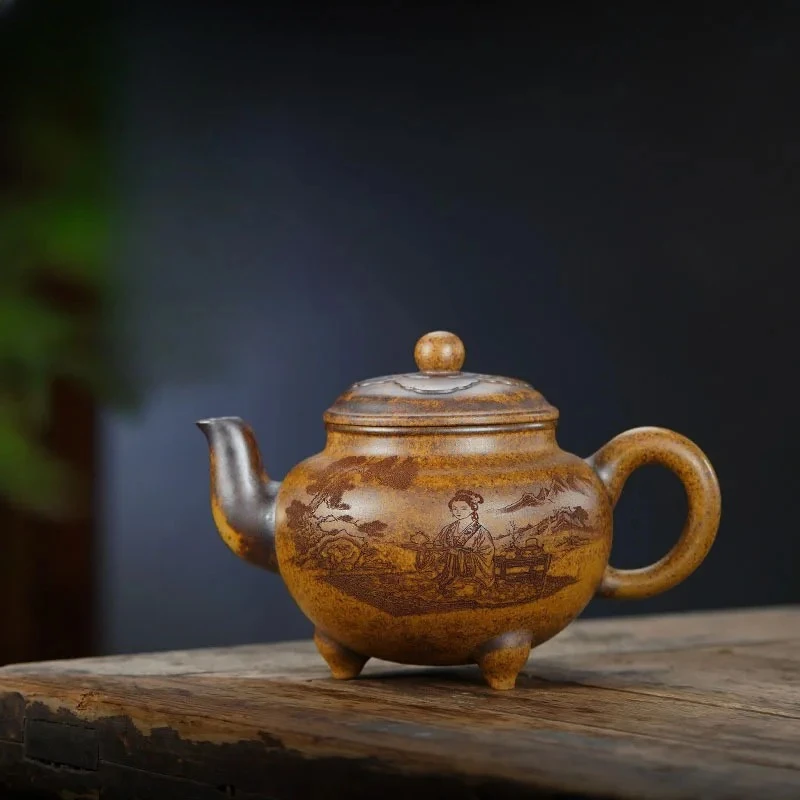 

500ml Elegant Yixing Purple Clay Teapots Handmade Ruyi tripodia Pot Raw Ore firewood Mud Kettle with Filter Chinese Zisha TeaSet