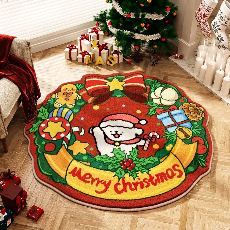 

Red Christmas Festive Ambiance Living Rooms Round Carpets Children's Bedrooms Cute Cartoon Animal Beige Carpet Study Fluffy Rugs