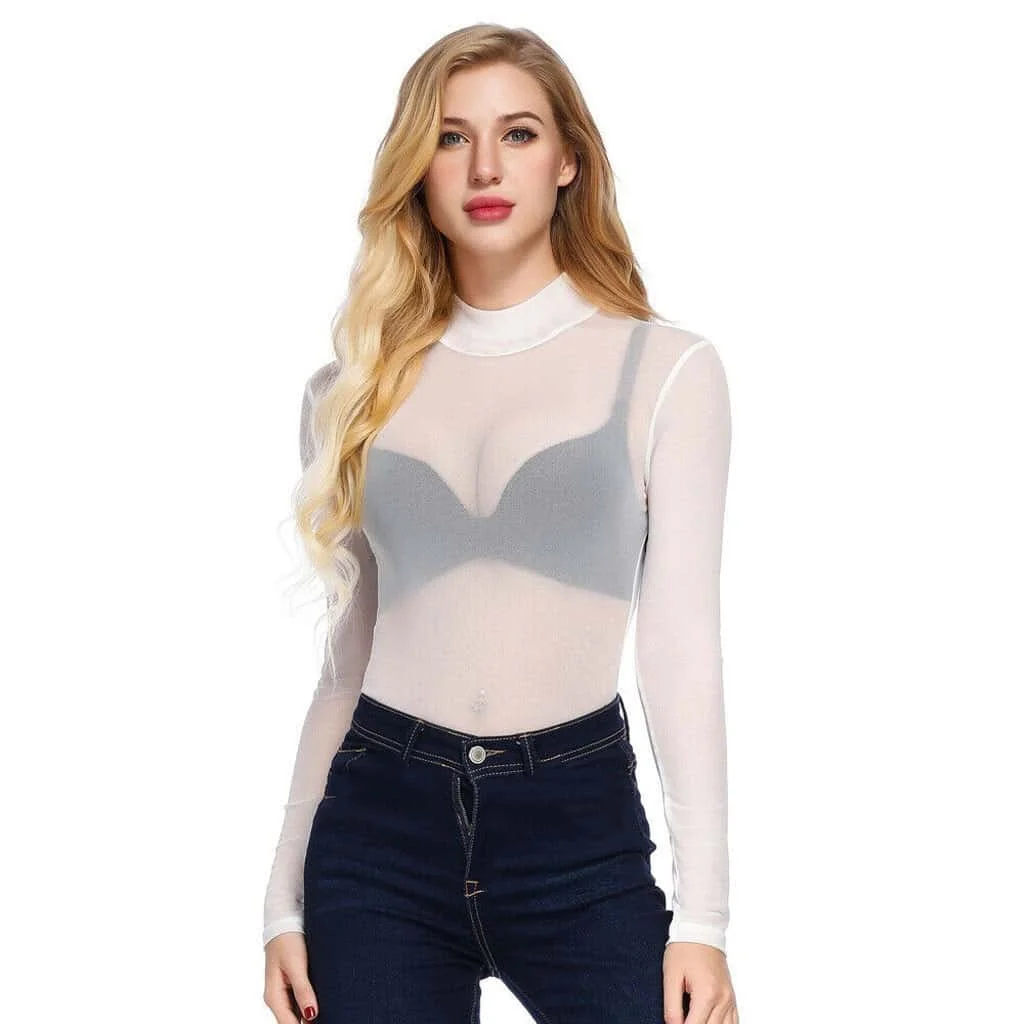 FREEAUCE NEW Long Sleeve One-pieces Sheer Black Mesh Bodysuits Tops T Shirts for Woman Plus Size Sexy Body Suit Lingerie S-XXXL view 4