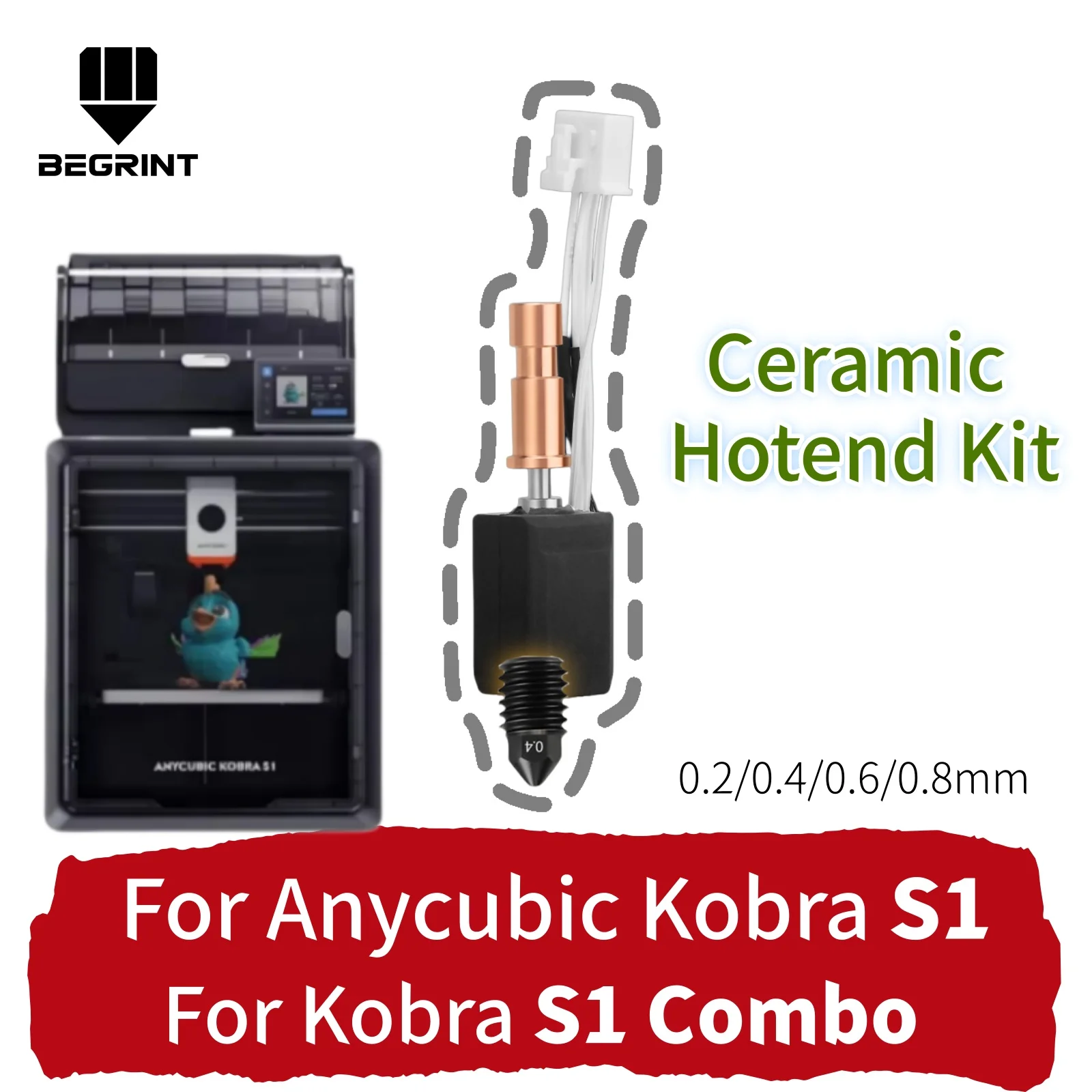 Upgraded Hotend Kit For Anycubic Kobra S1/S1 Combo, New 0.2/0.4/0.6/0.8mm Nozzle Fast Heating Ceramic Hot End 3D Printer Parts