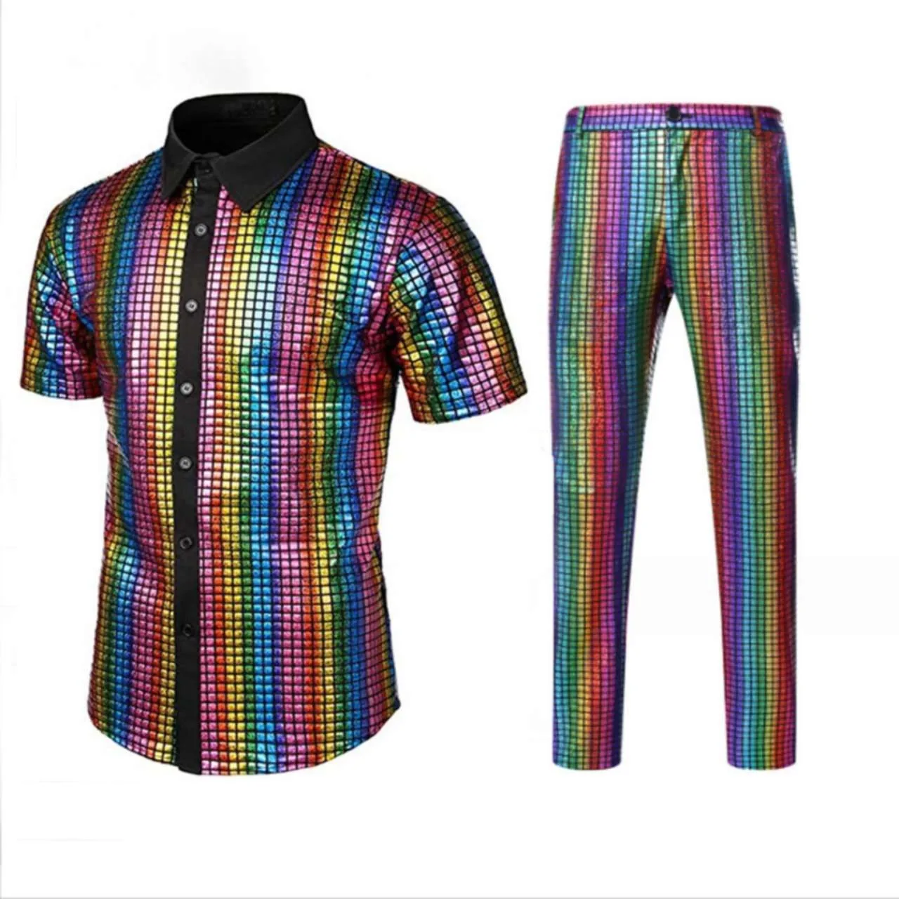

Mens Casual Suits Men's Glossy Disco Shirt Trousers Set Colorful Shiny Casual Two Piece Set Men's Men Surfing Swimming Suit