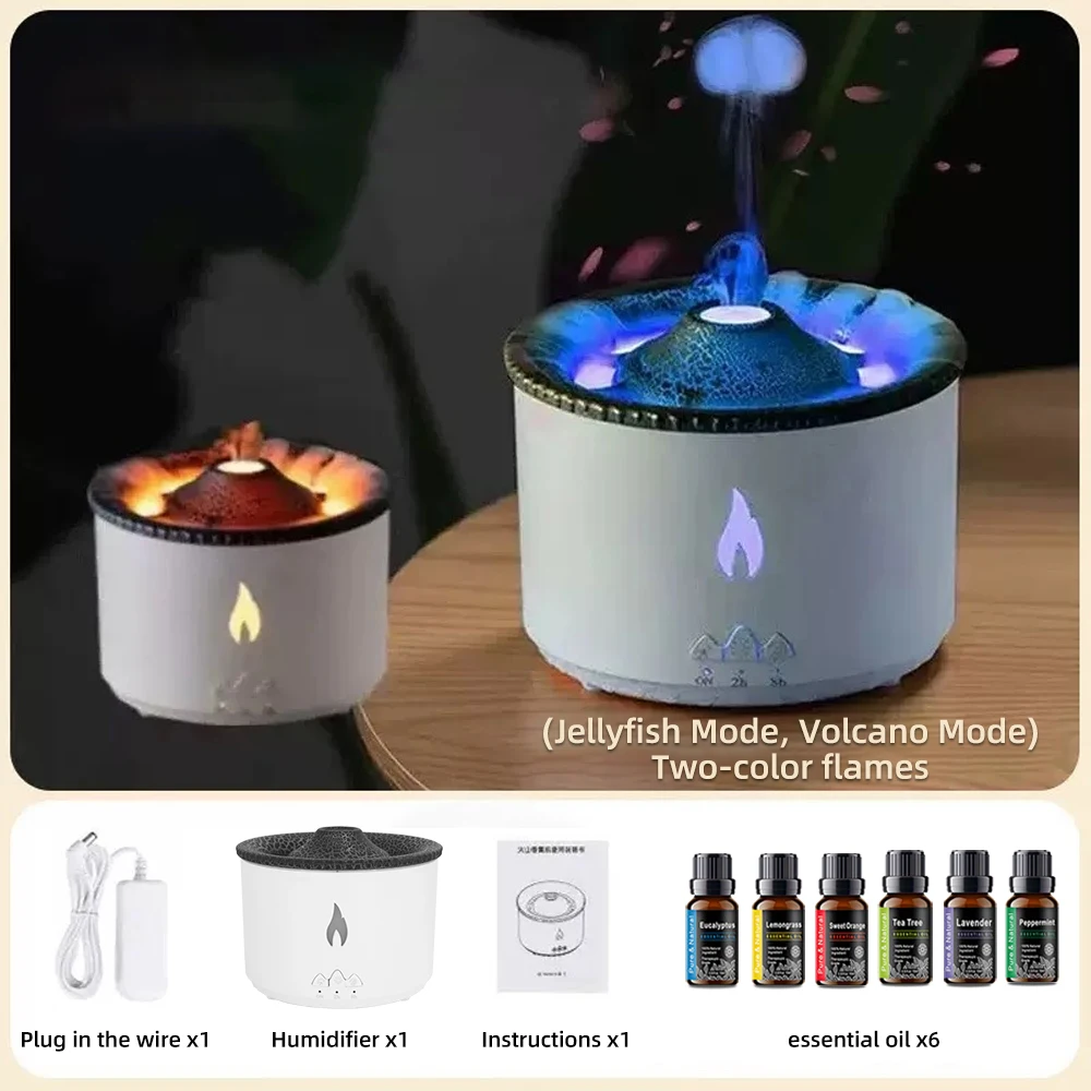 

Premium Aromatherapy Kit Volcano Diffuser + 6 Therapeutic Oils - Ultra-Quiet Humidifier w/Night Light & Remote for Office Relax