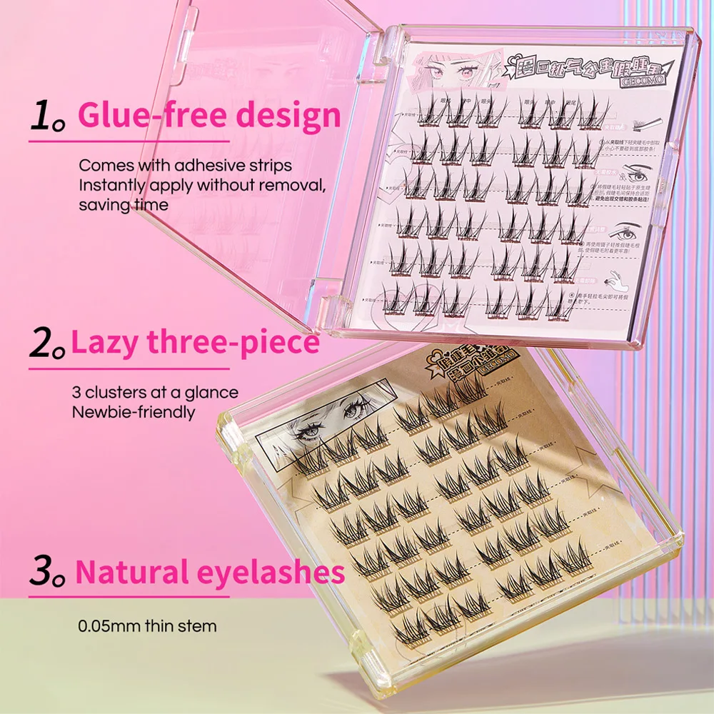 GECOMO 6 Rows Comic Cat Glue-free False Eyelashes Natural Simulation Curling W-shaped Segmented Eyelashes For Beginners Makeup