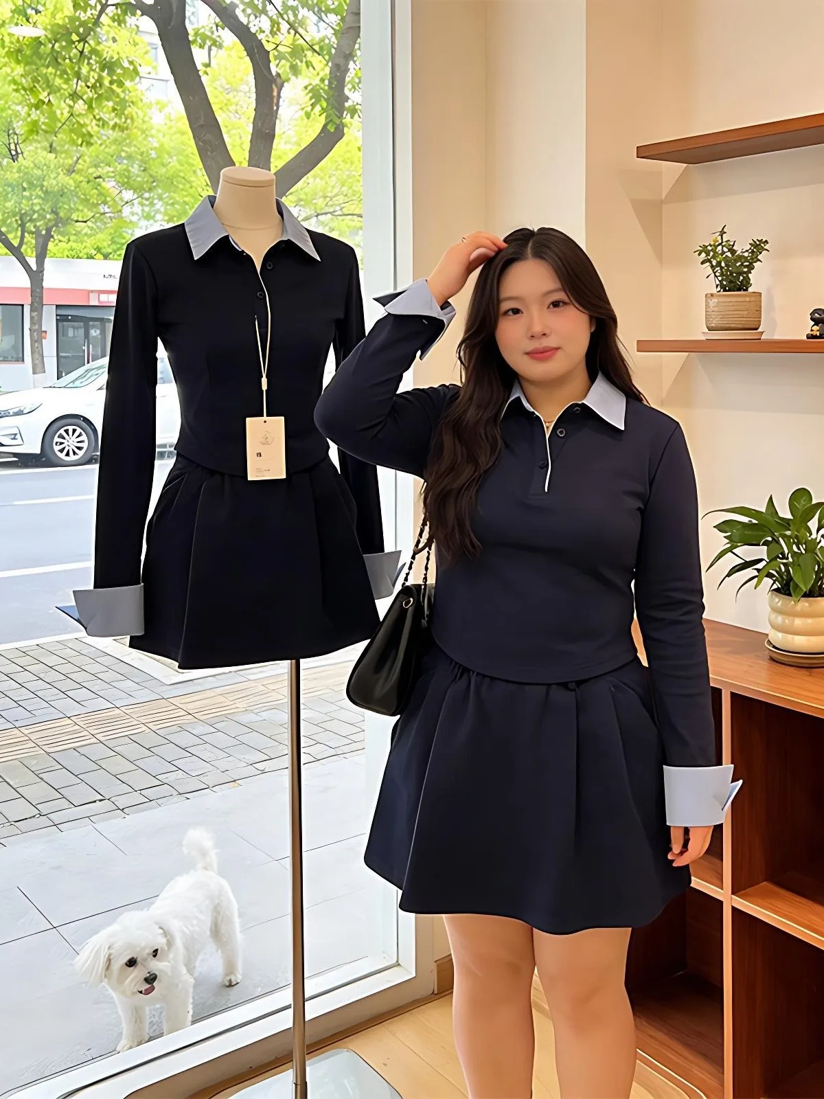Conjunto de dos piezas de verano para mujer, serie Salt, talla grande, nuevo, ajustado, con cuello, manga larga, camiseta y falda de cintura alta.