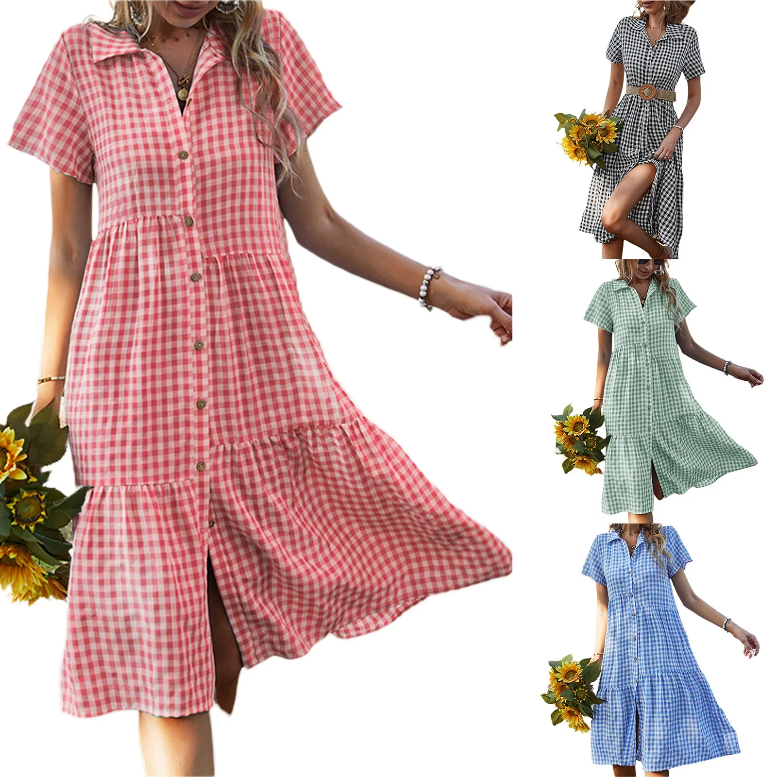 2023 frühling Sommer Neue Mode Kragen Frauen Shirt Kurzarm Kleid Frische Karierten Weiblichen Langen Kleider