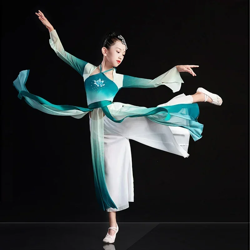 

Классический китайский танцевальный костюм Янко для девочек, детская тренировочная танцевальная одежда феи для выступлений, детский национальный зонтик, наряд с веером