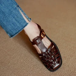 Summer Sandal  Retro Ladies Cowhide  Women SandalsSpring Shoes Vintage Gladiator Buckle Strap Roman Style Closed Toe Shoes Woman