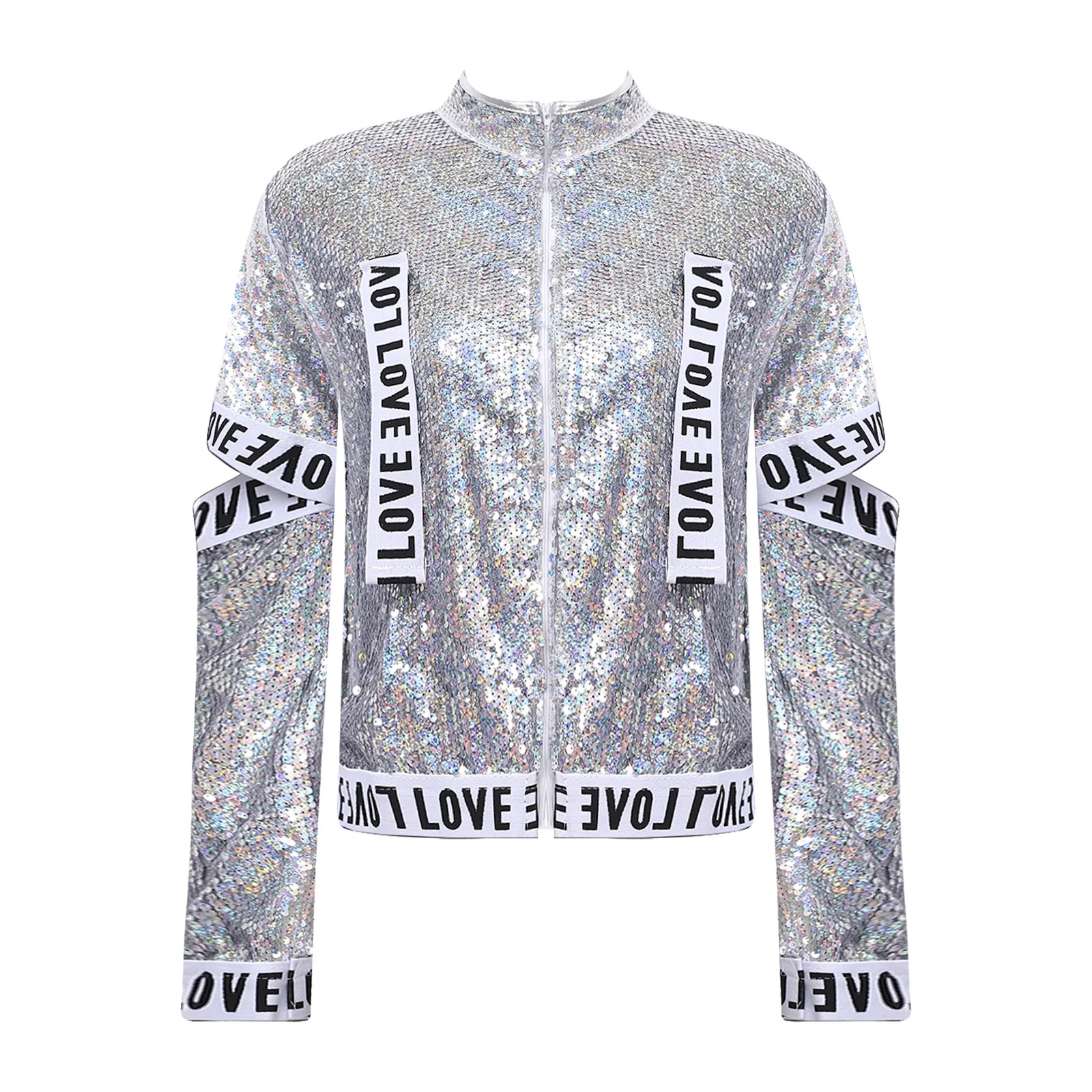 Women Shiny Sequin Hip Hop Jazz Street Dance Baseball Jacket Long Sleeve Cutout Zipper Outerwear for Party Stage Performance