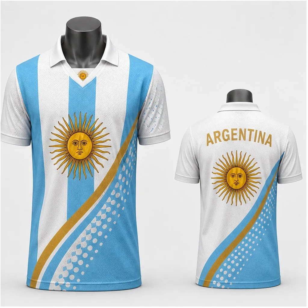 Mens Argentina Golden Sun Diagonal Dotwork Graphic Semi Polo V Neck T Shirt Short Sleeve Casual Sports Top for Summer Streetwear