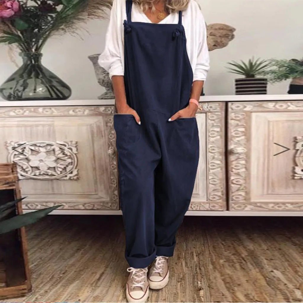 

Solid Color Women Loose Knot Tie Cotton Linen Jumpsuit Sleeveless Harem Overalls Jumpsuits Vintage Pants Femme Clothes Rompers