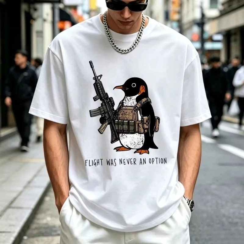 Funny Tactical Penguin Printed T Shirt Cotton Flight Was Never An Option Tee Funny Military Animal Unisex T-Shirt Cotton Clothes