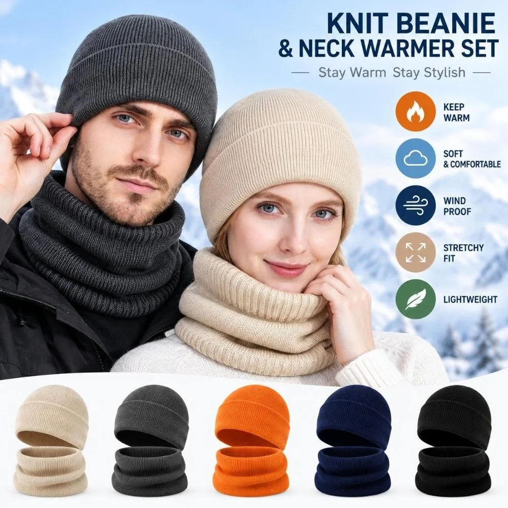Solid Color Knitted Beanies Stretch Knitted Windproof Couple Hat Scarf Set Ear Protection Crochet Design Winter Hat