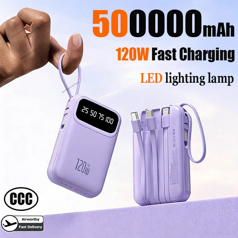 

120 Вт, 500000 мАч, внешний аккумулятор большой емкости, сверхбыстрая зарядка, встроенный 4 провода для iPhone Huawei