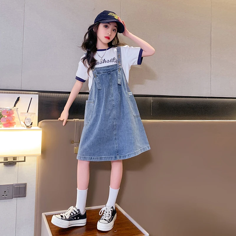 2024 skirt for Girls denim skirt kids summer clothing dress suspender skirt short-sleeved T-shirt children's two-piece set