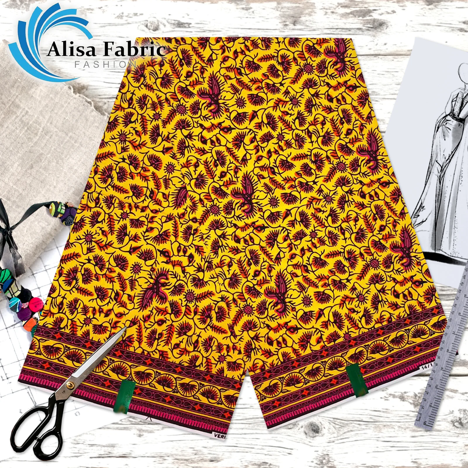 

2025 New style hollandais African wax print fabric 100% cotton 6 yards tissus couture for sewing fabric, Red & Yellow