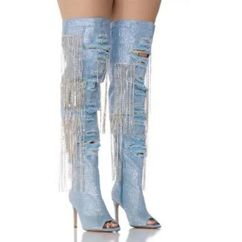 Light Blue Bling Drill Sequined Crystal Rhinestone Fringe Shabby Holes Peep Toe Thin Heels Over The Knee Boots Custom Made Shoe