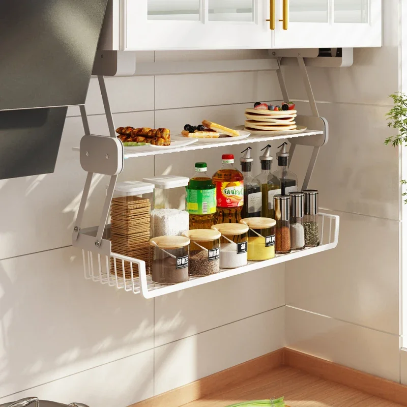 storage rack, cabinet, pull-down wall mounted, retractable and foldable food storage rack, lifting and pulling basket