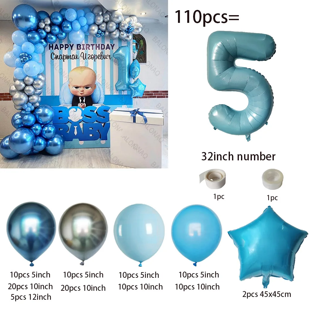 110pcs Blue Balloon Garland Arch Kit Boy 1st Baby Boss Birthday Party Decoration Gender Reveal Balloon Baptism Baby Shower Decor