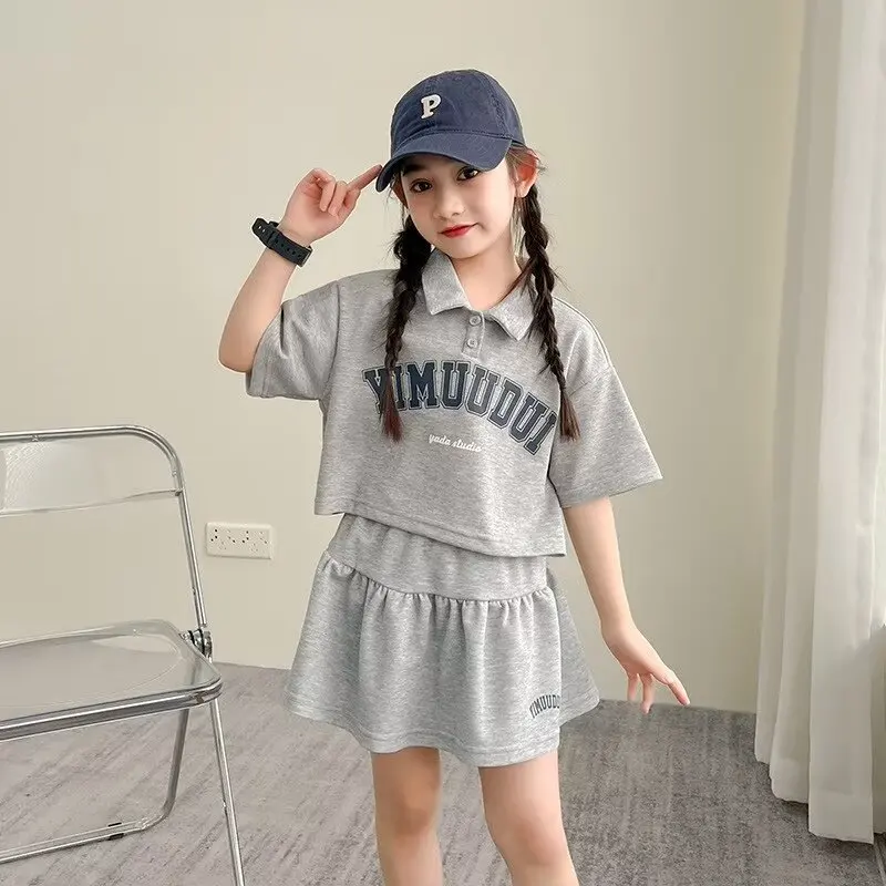 

Girls' Summer Suits Skirt Children's Preppy Style Gym Clothes2024New Western Style Fashion Two-Piece Set