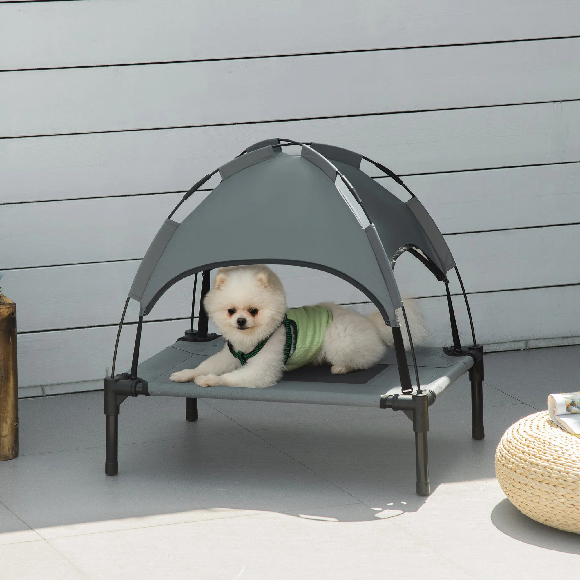 PawHut Huisdierenbed met kap Verhoogd hondenbed Hondenlounger Buiten Ademend