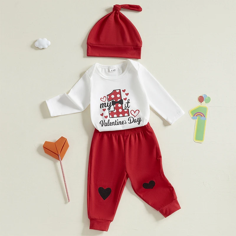 Valentine s Day Baby Girl Heart Print Romper Pants Hat 3-Piece Set for Spring Celebration with Love and Style