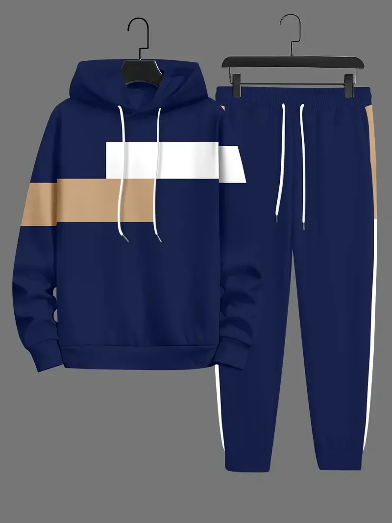 2-piece Color Block Men\'s Casual Tracksuit Set Casual Long Sleeve Drawstring Hoodie+ Jogging Pants Set Gym Running suits