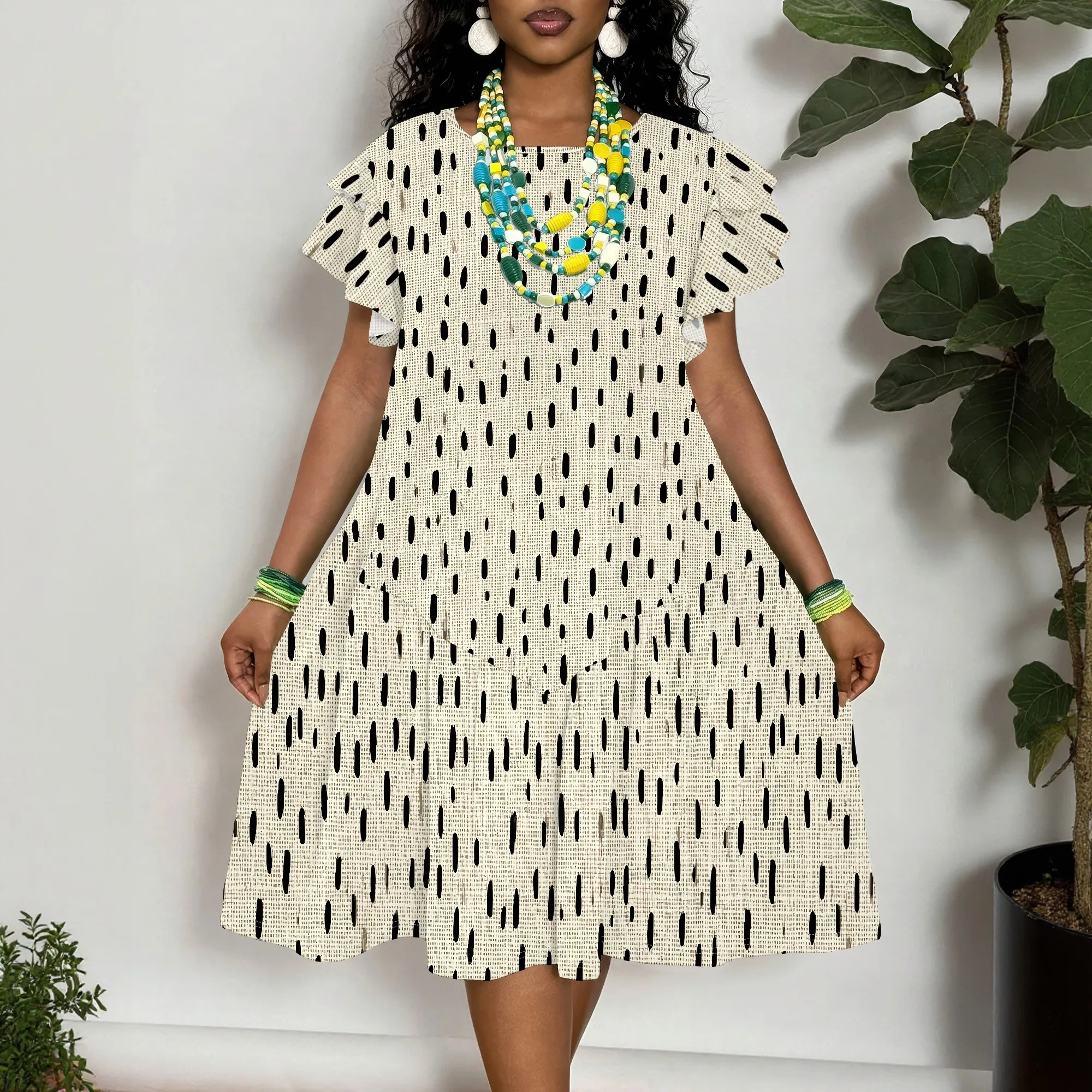 

Printed Short Sleeve Dress, Ruffle Sleeve Dress, Casual Midi Dress, Black Dot Pattern Dress, Summer Wear for Women, XL-6XL