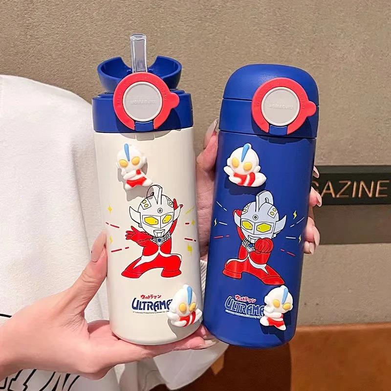 Children's Cartoon Straw Thermos Water Bottle Boy and Girl Cute Students School Special 316 Stainless Steel Vacuum Cup Ultraman