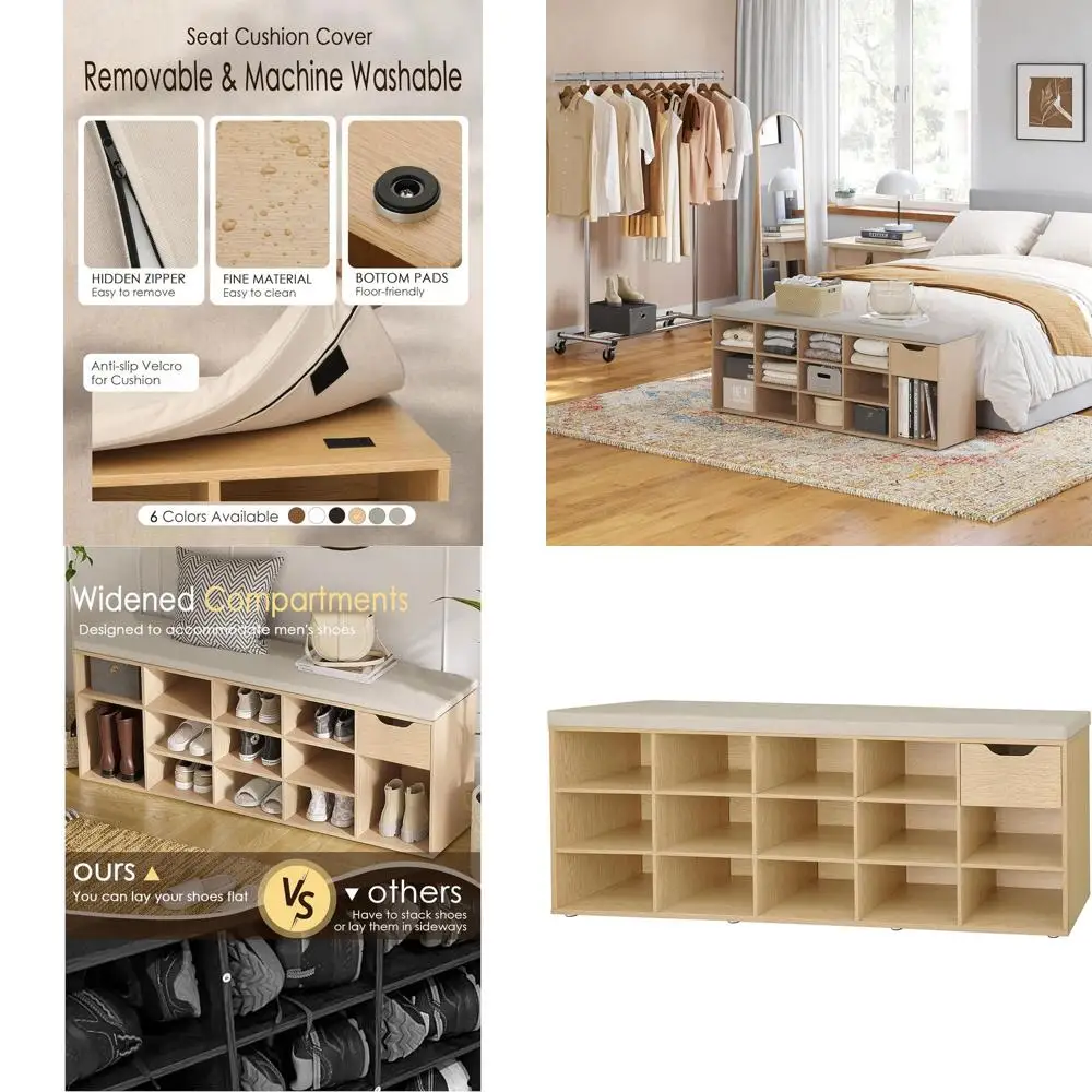 

Скамья-тумба для прихожей с выдвижным ящиком и 14 полками, регулируемая подставка для обуви для гостиных и других помещений