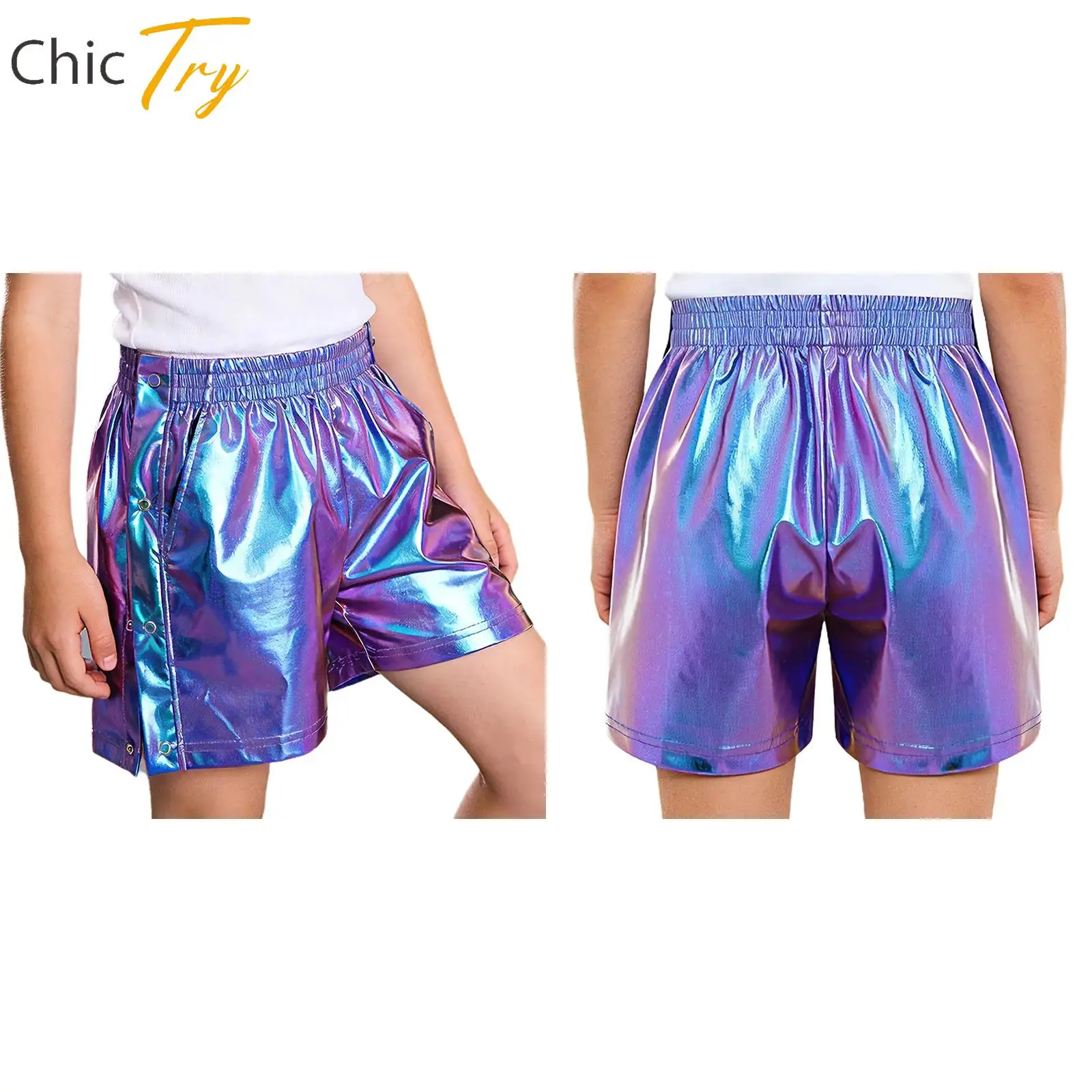 

Kids Boys Girls Hip Hop Jazz Dance Costume Stretchy Metallic Shorts Tear-Away Side Press Buttons Shorts for Stage Performance