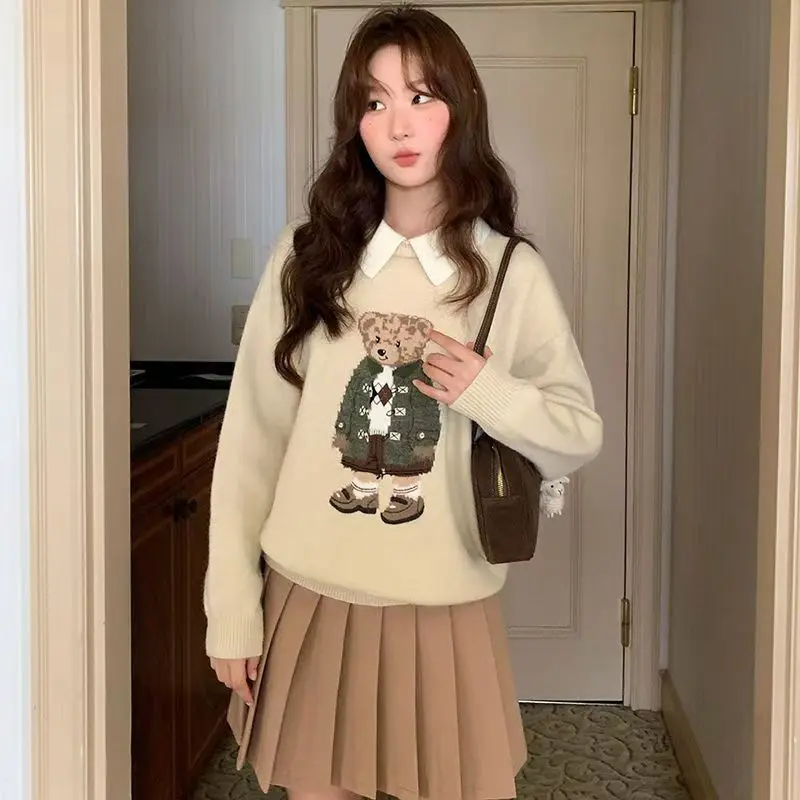 New Intarsia Bear Knitted Hoodie Women's Knitted Top for Autumn and Winter Warmth Lauren Korean Fashion Chic Clothing Sweater