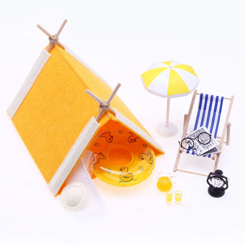 Mini conjunto de barraca de acampamento de verão, casa de bonecas, simulação de cena de praia, decoração para crianças, brinquedos de simulação