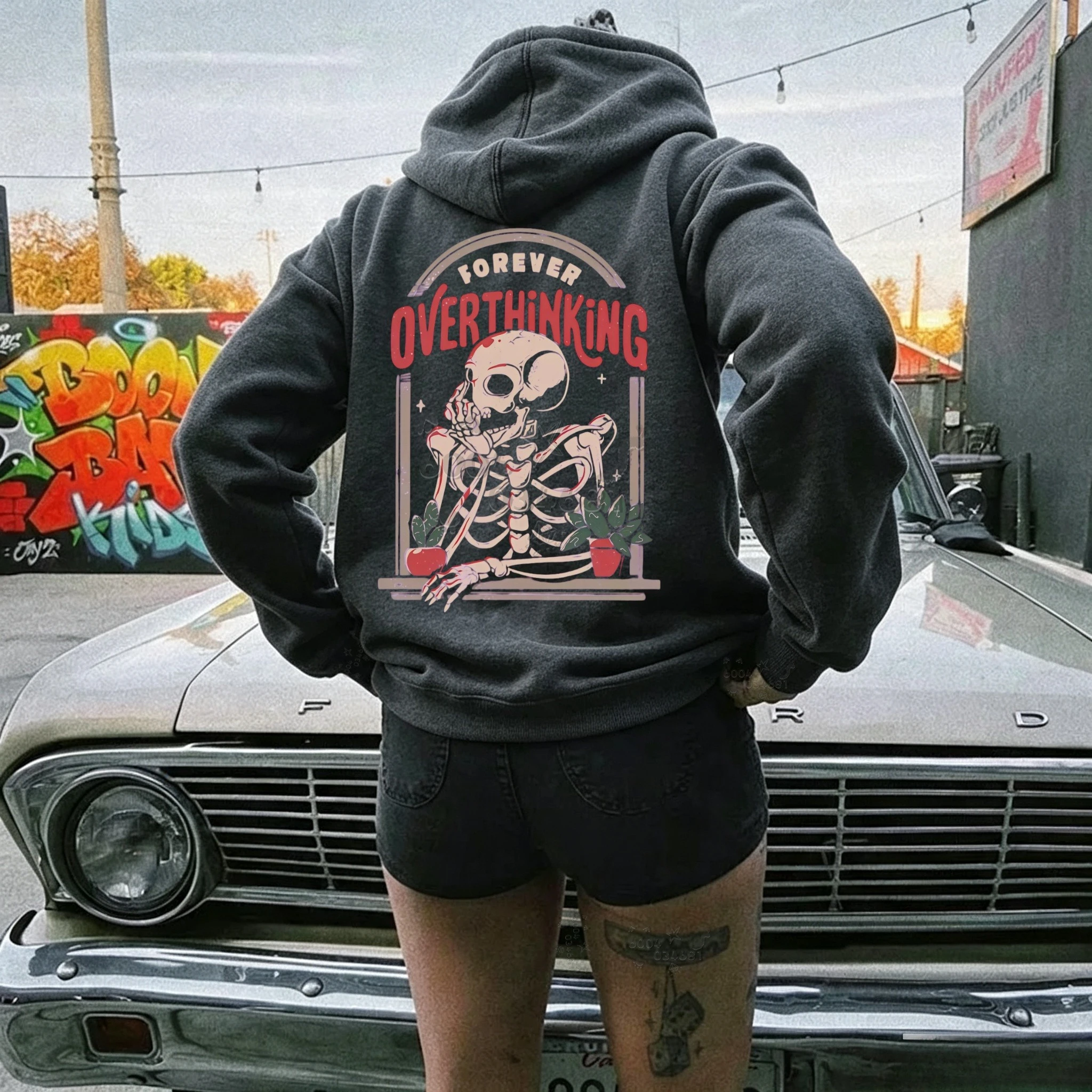 Casual men's hooded sweatshirt with frame figure print pullover hoodie for the balcony. Large size. Soft women's clothing.