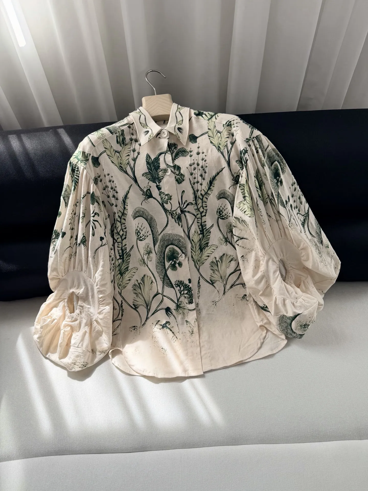 

Women Green Plant Print Pants Suit High Waist Straight Wide Leg Trousers + Lantern Sleeve Single Breasted Shirt Loose Linen Set