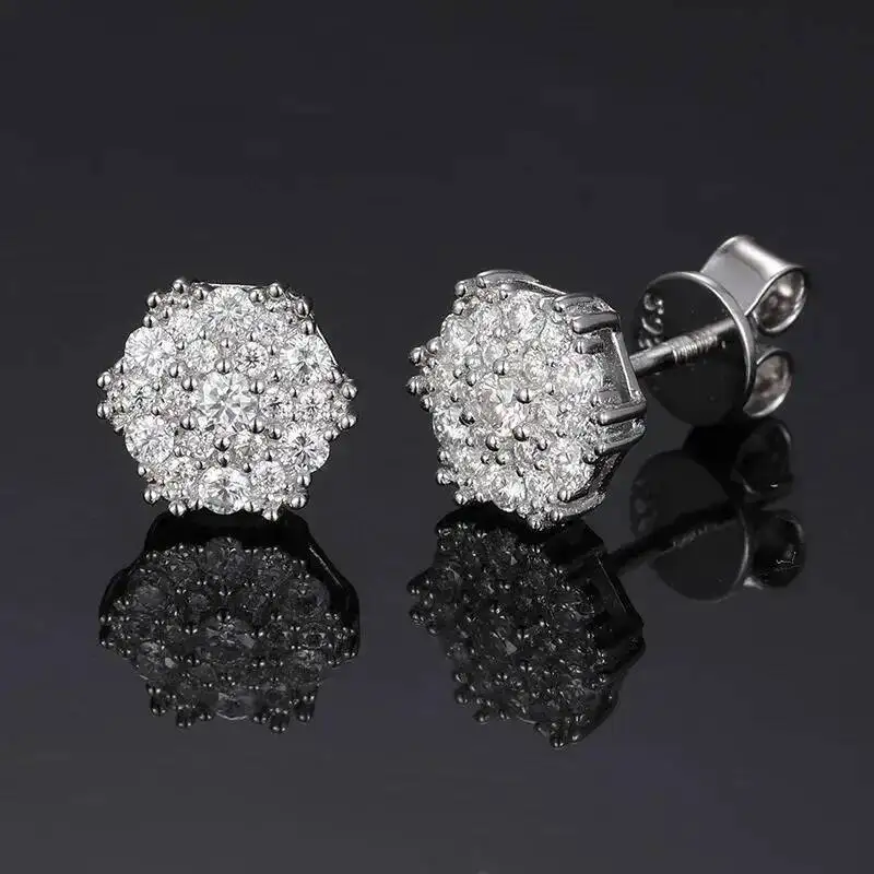 

925 Sterling Silver Pave Set VVS Moissanite White Gold Plating Diamonds Women Simple Screw Back Cluster Stud Earrings