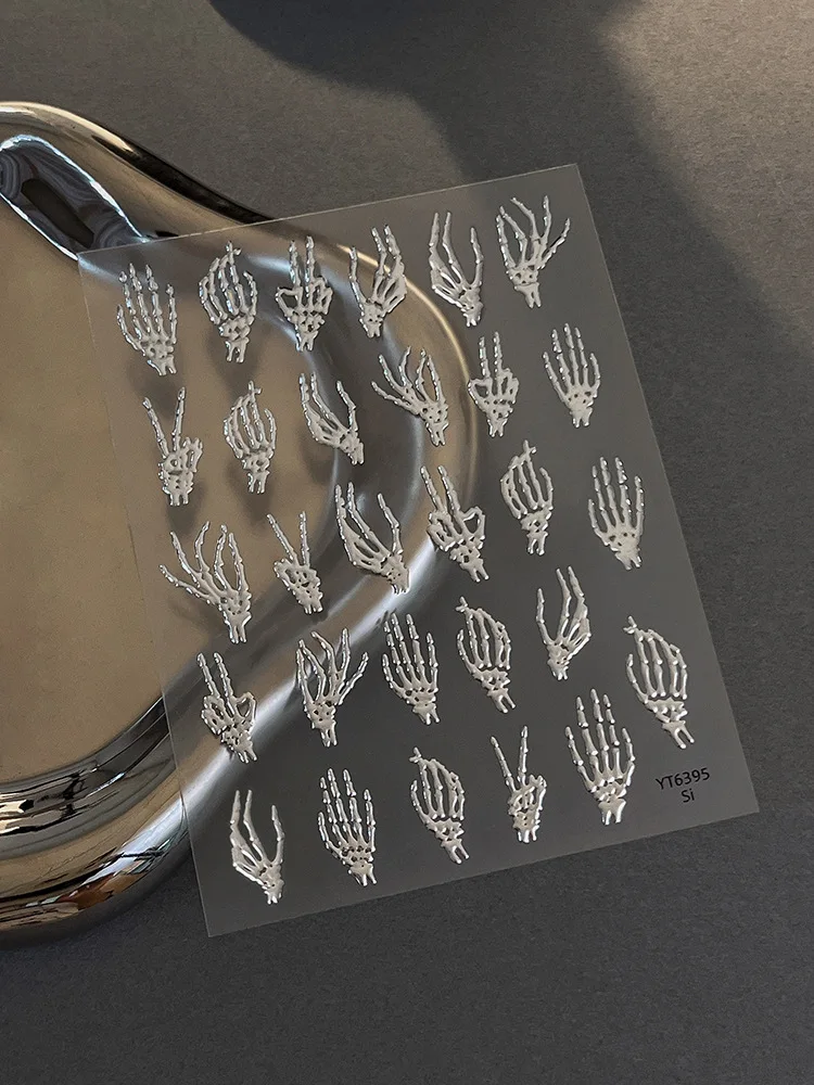 

1pcs 5D Halloween Skeleton Hand Nail Stickers Horror Black White Nail Art Charms Decorations Decals DIY Manicure Adhesive Slider