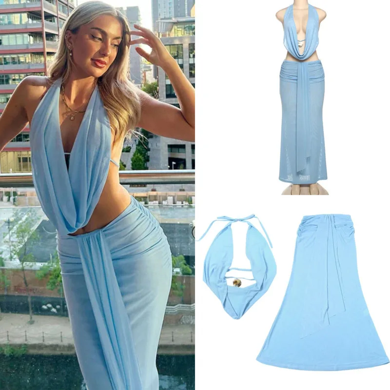 

2025 Y2K See Through 2 Piece Set Women Halter Swing Collar Crop Top Ruched Waist Long Skirt Sexy Club Party Outfit Holiday Dress