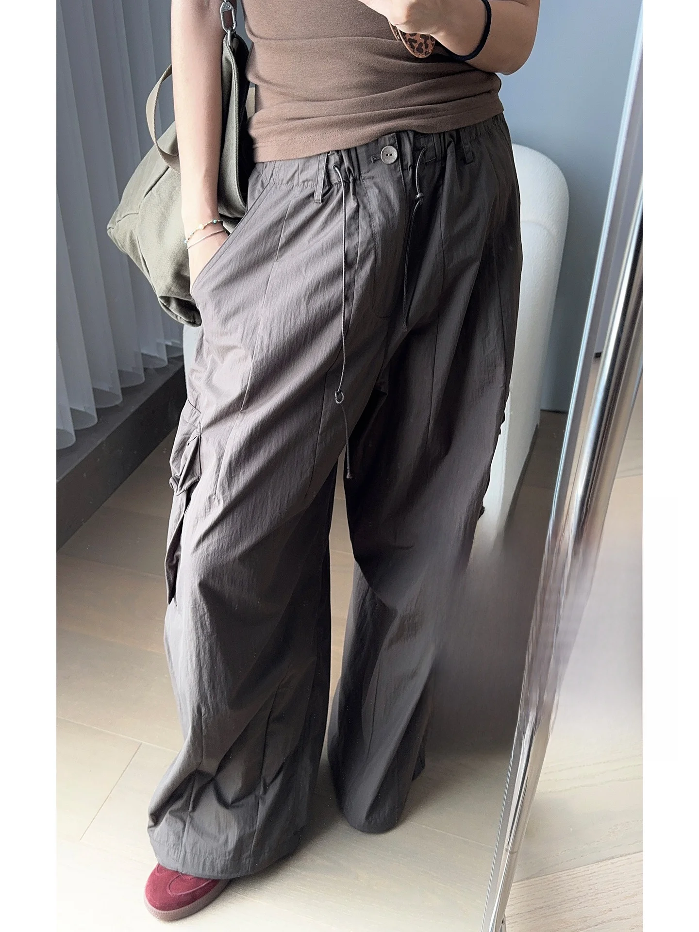 

MeiYang Wild Chestnut Work Pants Functional Metal Wire DIY Long Trousers High Waist Cotton Casual Loose Fit Ladies Pants