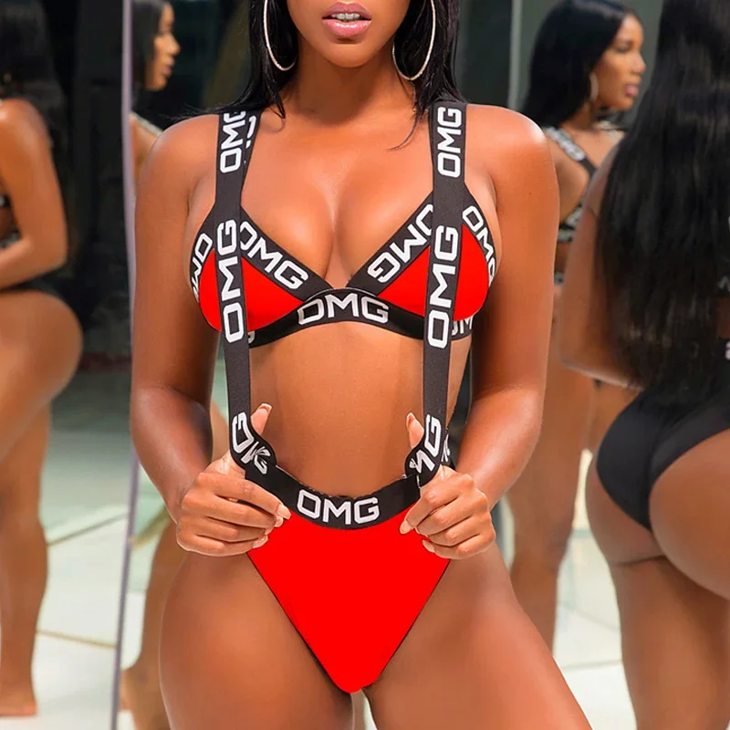 

Sexy Letter Print Bikini Set 2025 Women Halter Push Up Swimwear Hollow Out Bandage Swimsuit Brazilian Biquini Swim Bathing Suit