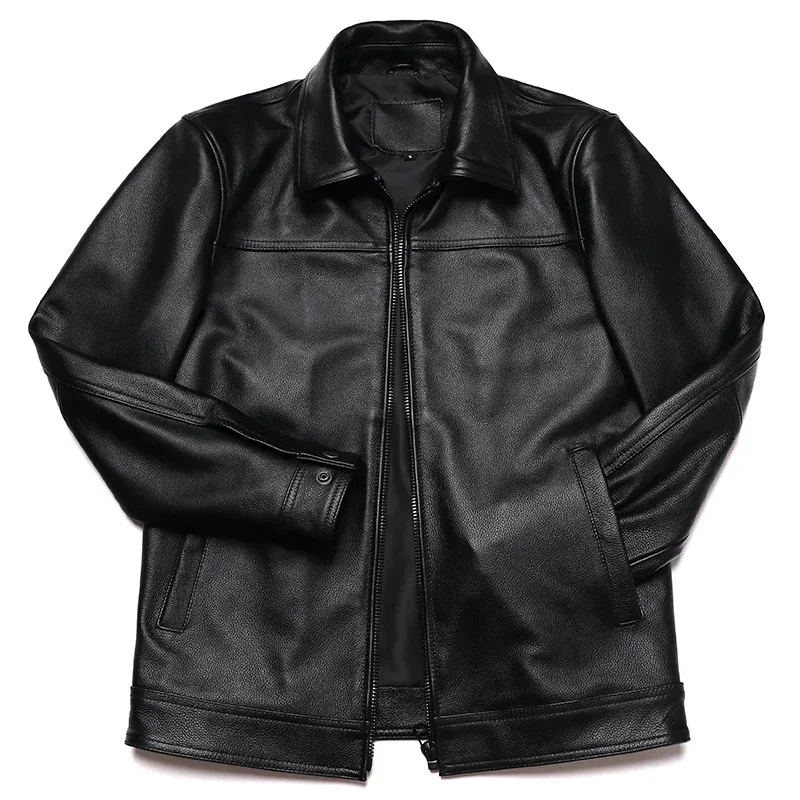 Classical Turndown Collar Genuine Leather Coat Men's Natural Cowhide Calf Skin Jacket Business Clothing Plus Size 5XL