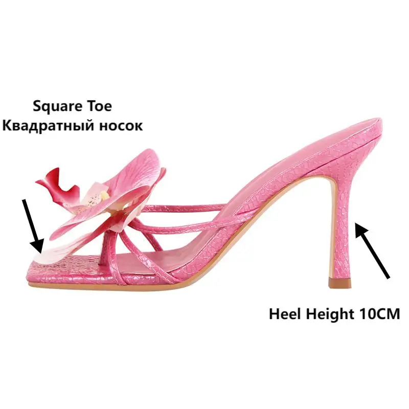 Onlymaker Women Pink Square Toe Flower Mulesl Orchid Heels for Woman Slip On Thong 10CM Thin Heel Sandals