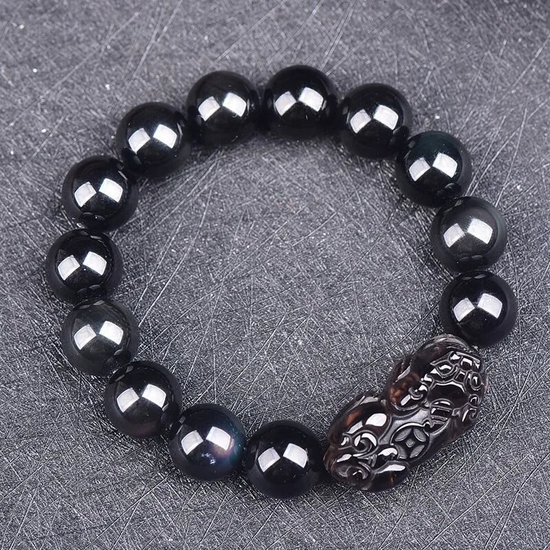 Obsidian Double Pixiu Black Obsidian Tibetan Silver Pixiu Bracelet Rainbow Eye Obsidian Pixiu Bracelet