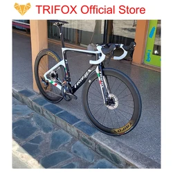 Trifox-カーボンファイバーロードバイクフレーム,赤と白,スルーアクスル付き,ディスクブレーキ,リアカセット,Di2