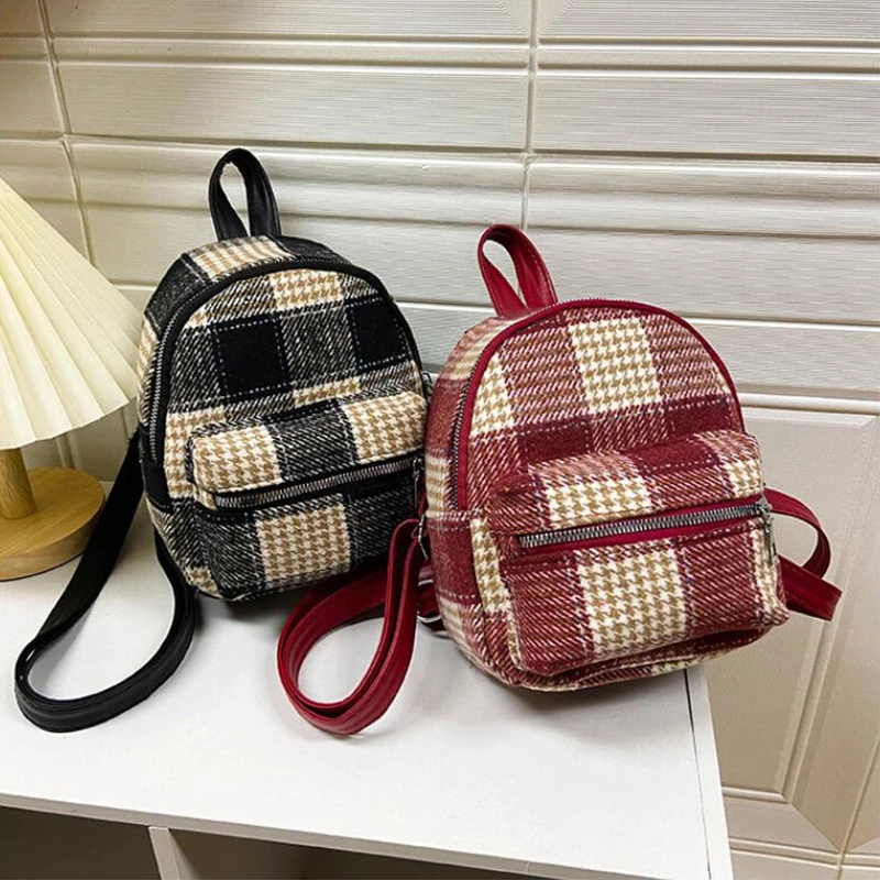 

New Casual Women Backpack Zipper Checkered Schoolbag Korean Version Of Winter Fashion Small Backpack Female